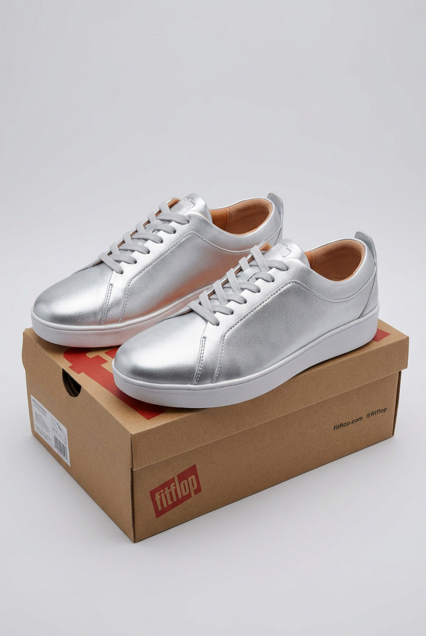 New Style FitFlop Rally Leather Women's Trainers - Silver & White - UK Size 6