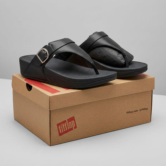 FitFlop Lulu Adjustable Leather Toe-Post Sandals - Black - Adult UK Size 5